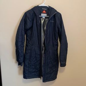 Columbia mid length winter coat with hood - navy blue